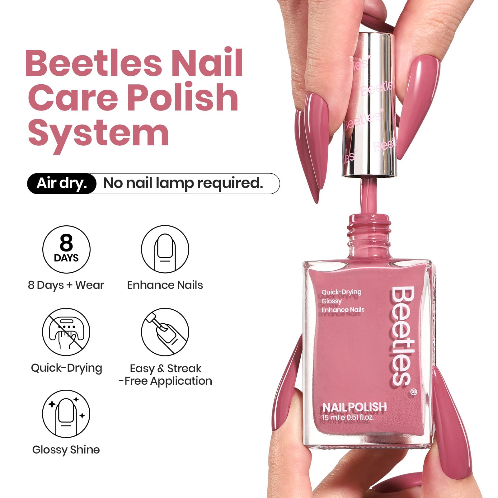 Beetles Pink Nail Polish swatch reveals dusty rose color and smooth coverage