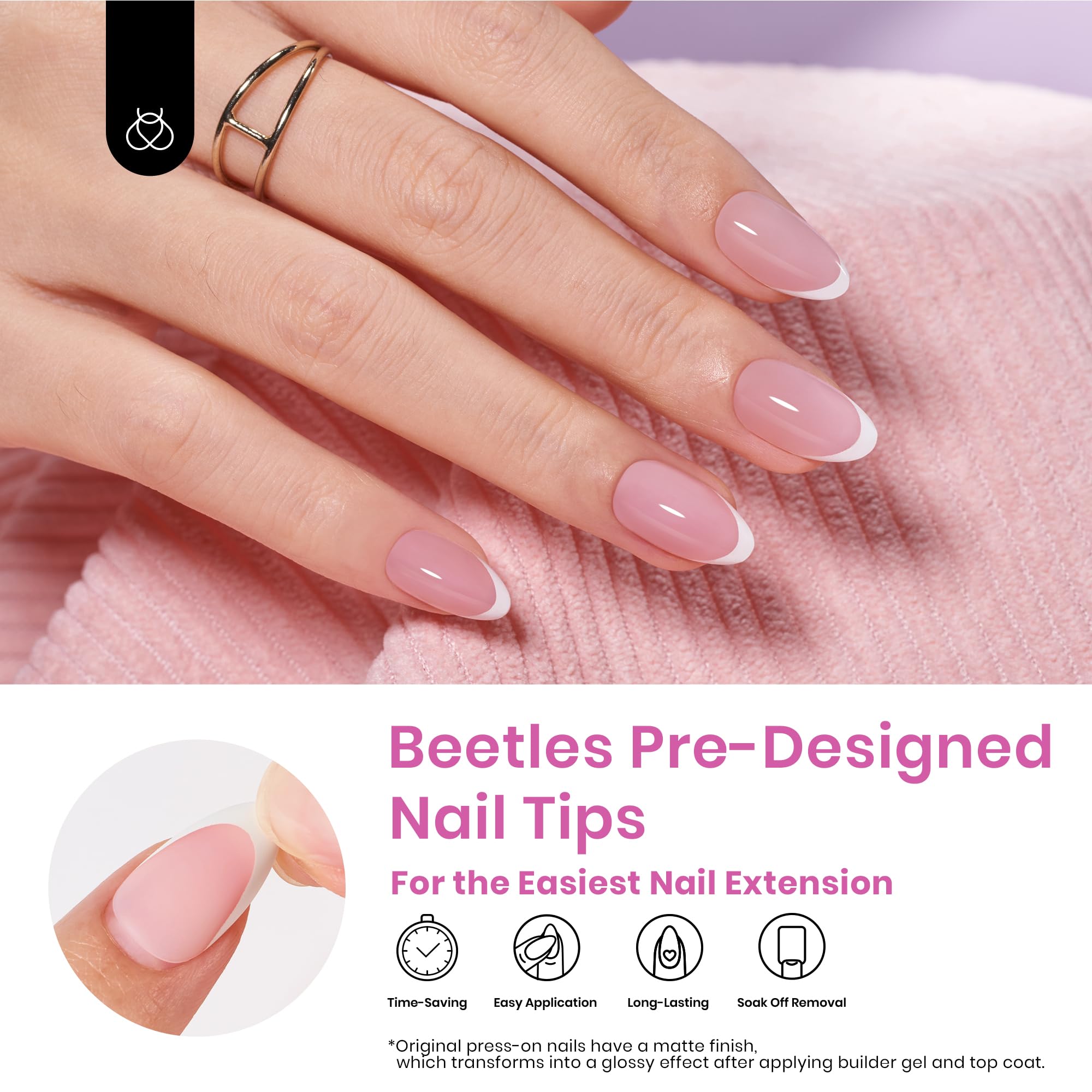 Beetles pink short almond nails close-up showing salon-like shape.