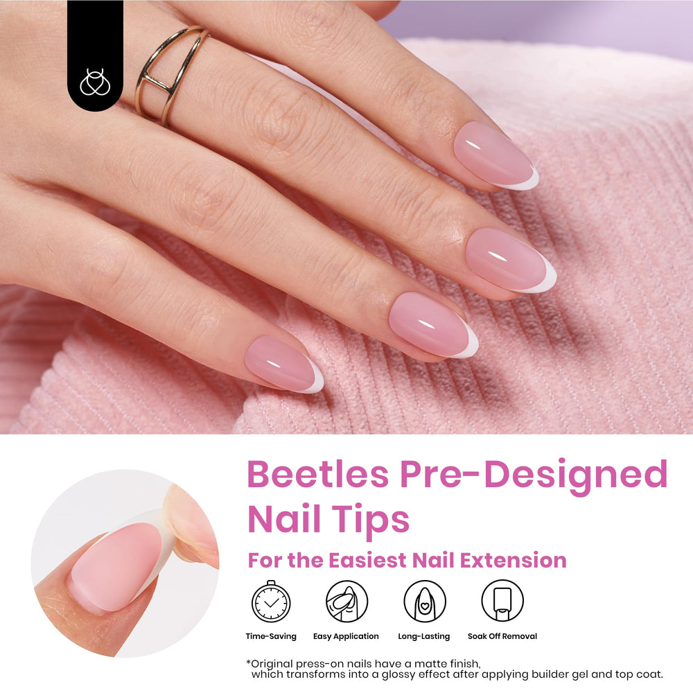 Beetles pink short almond nails close-up showing salon-like shape.