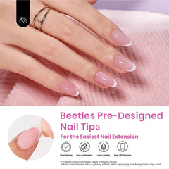 Beetles pink short almond nails close-up showing salon-like shape.