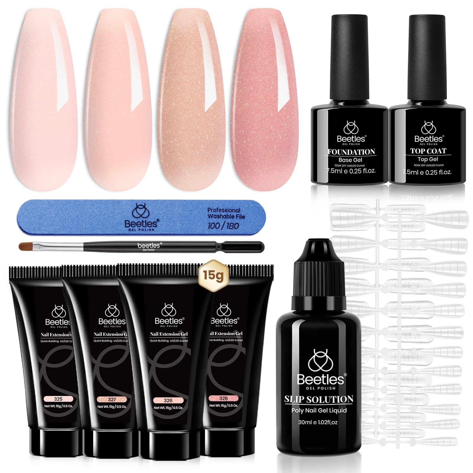 Beetles Poly Extension Gel Kit with pink nude colors offers natural-looking nail extensions.