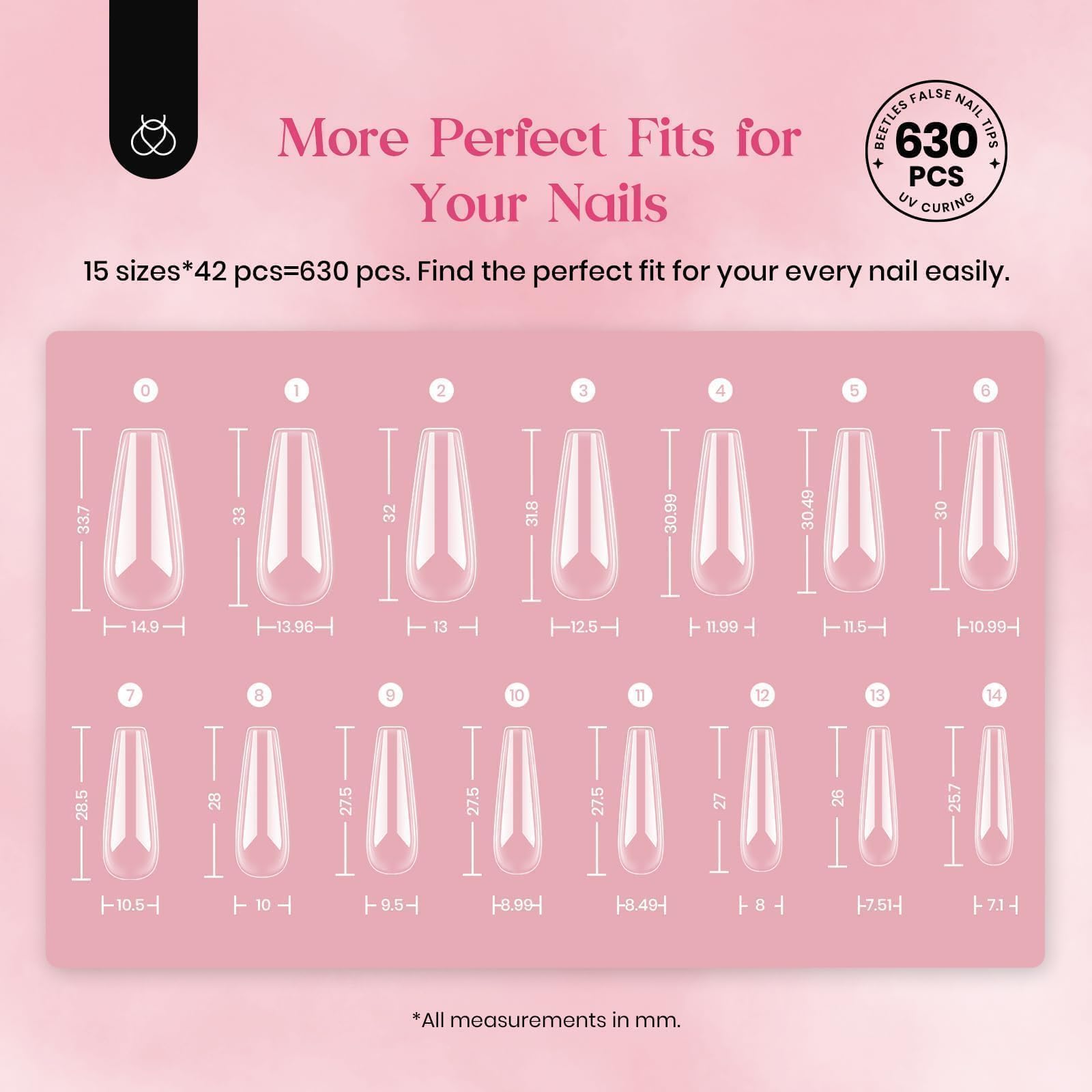 Beetles pre-shaped tips marked 0-14 enable fast, shaping-free manicures.