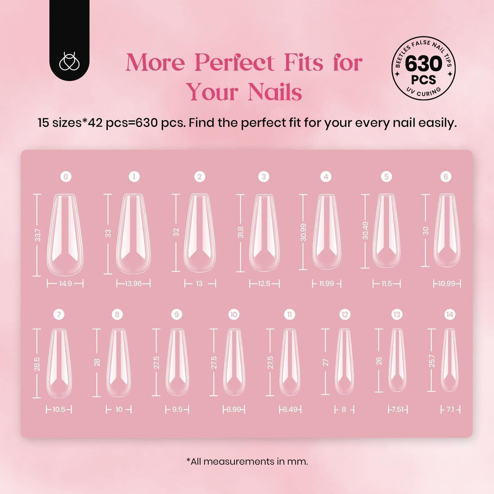 Beetles pre-shaped tips marked 0-14 enable fast, shaping-free manicures.