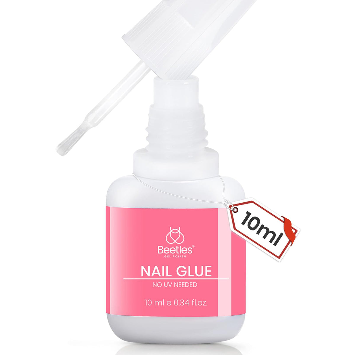 Beetles Press On Nail Glue bottle closeup shows 10ml capacity for strong hold.