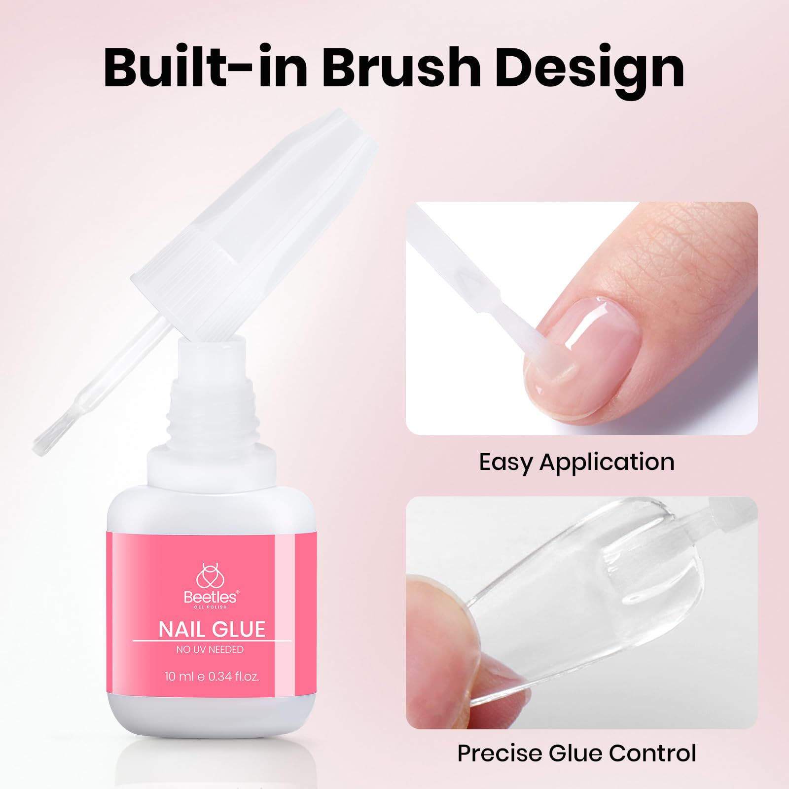 Beetles Press On Nail Glue bottle with hand applying glue.