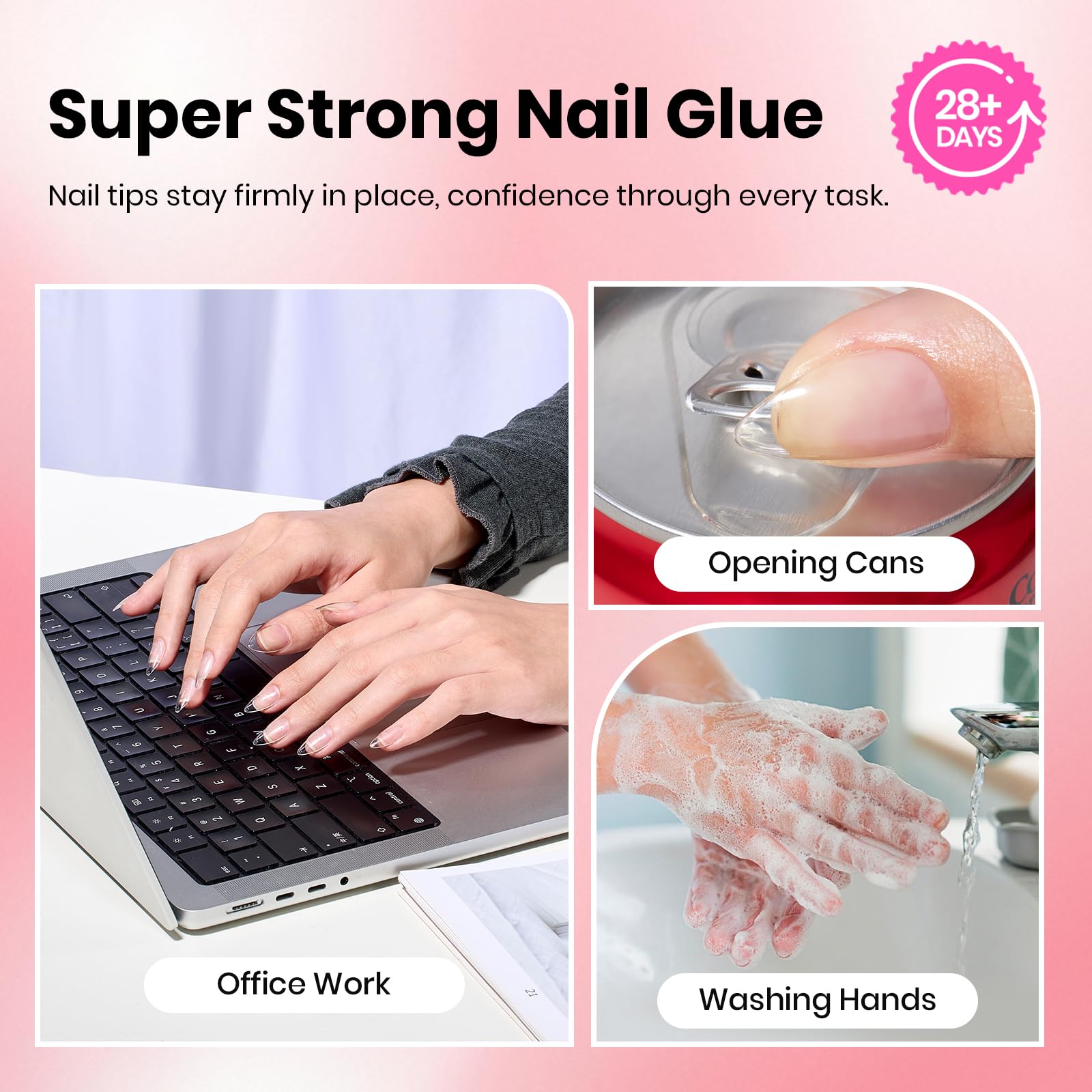 Beetles Press On Nail Glue withstands water during daily tasks.