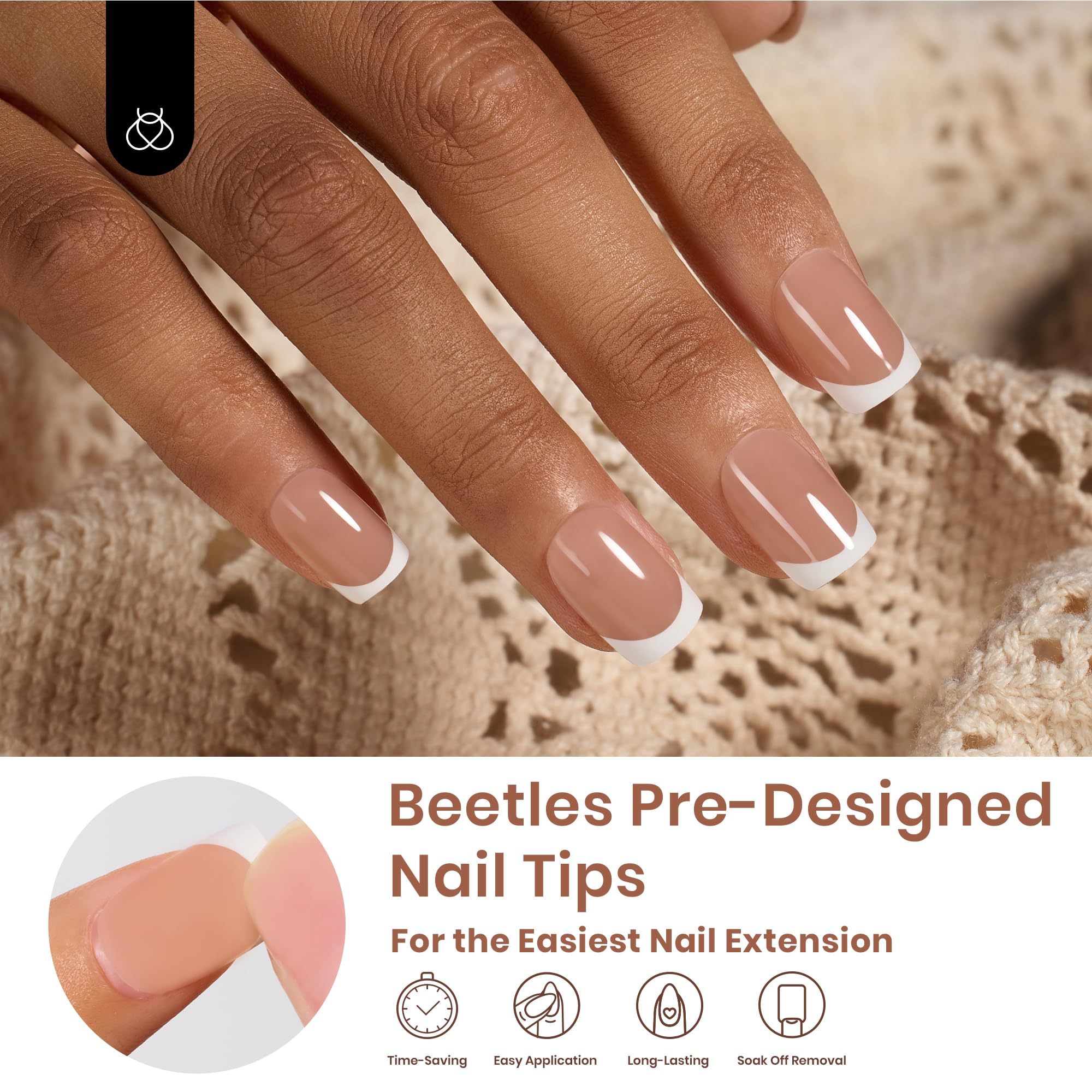 Beetles nails set with brown soft gel in 210-piece kit for flexible sizing.