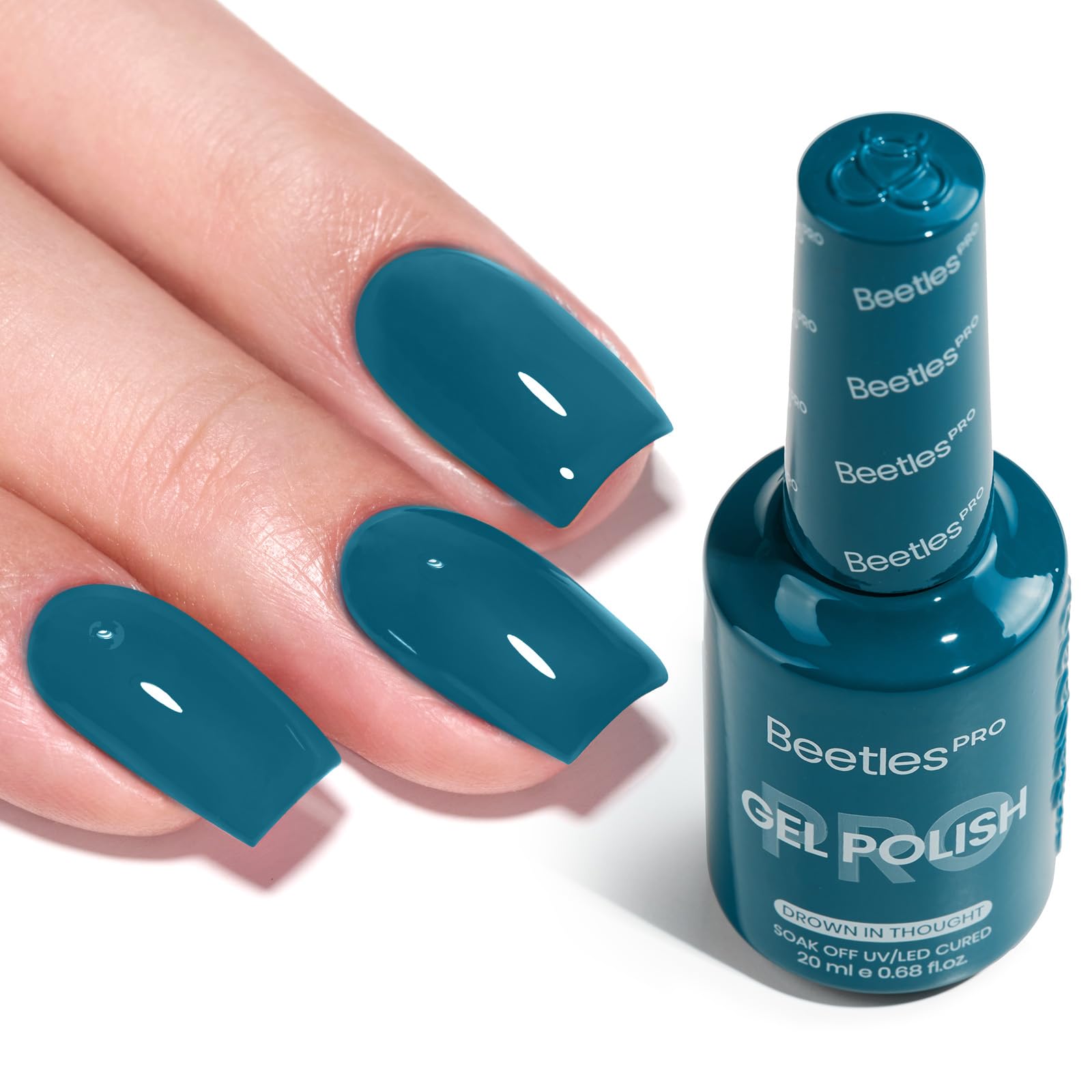 Beetles Pro Drown in Thought bottle close-up; turquoise teal color with full-coverage potential.