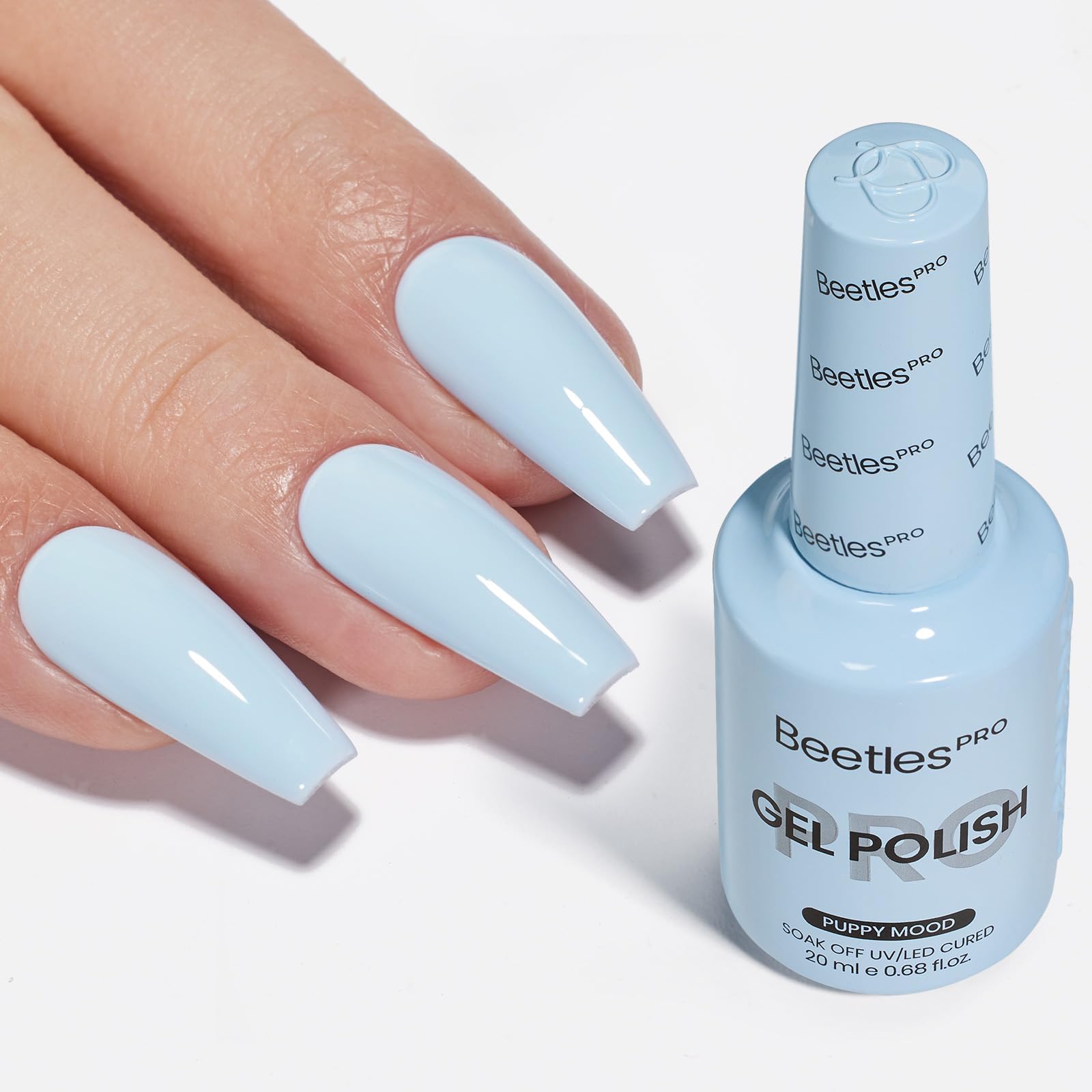 Beetles Pro Puppy Mood gel polish bottle in pastel blue for rich, even coverage
