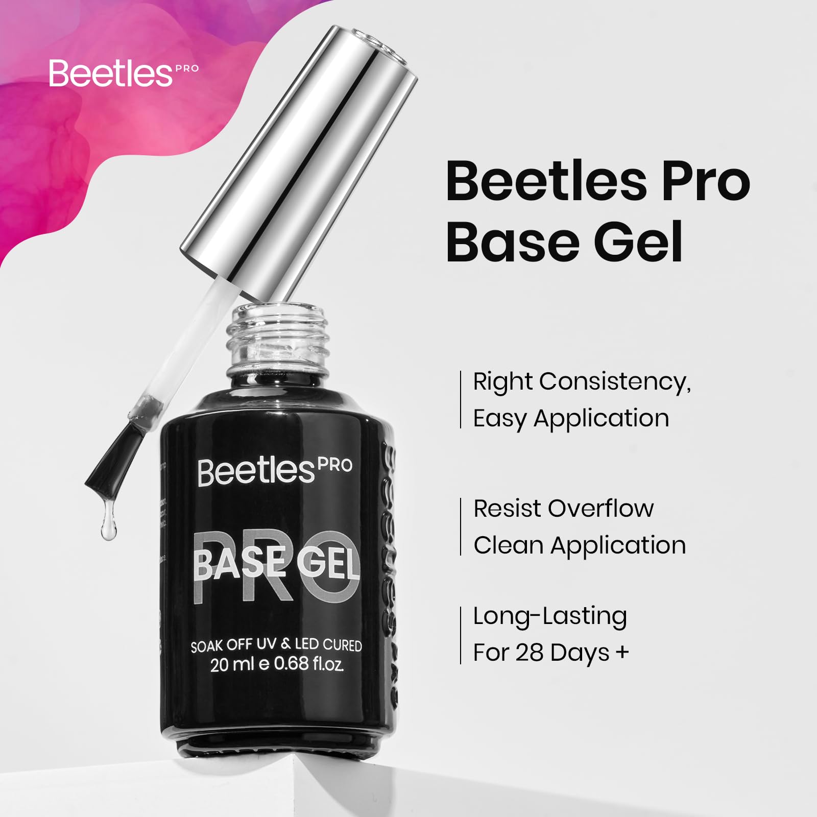 Beetles Pro Gel Base Coat self-leveling formula delivers a smooth, bubble-free base
