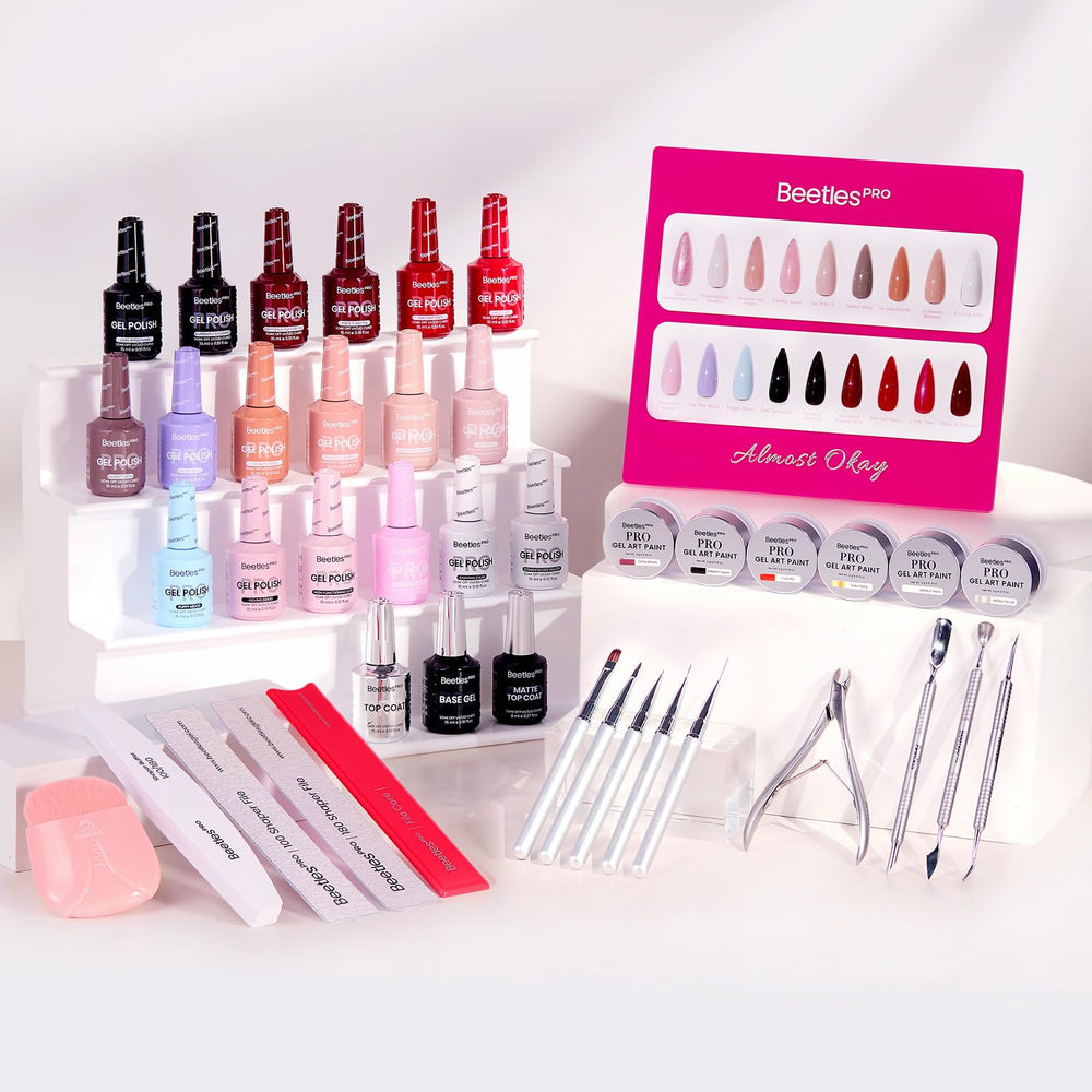 Beetles PRO Gel Polish kit from Almost Okay collection showing 18 colors for versatile nail art.
