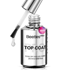 Beetles Pro Gel Top Coat bottle close-up showing crystal-gloss finish for professionals.