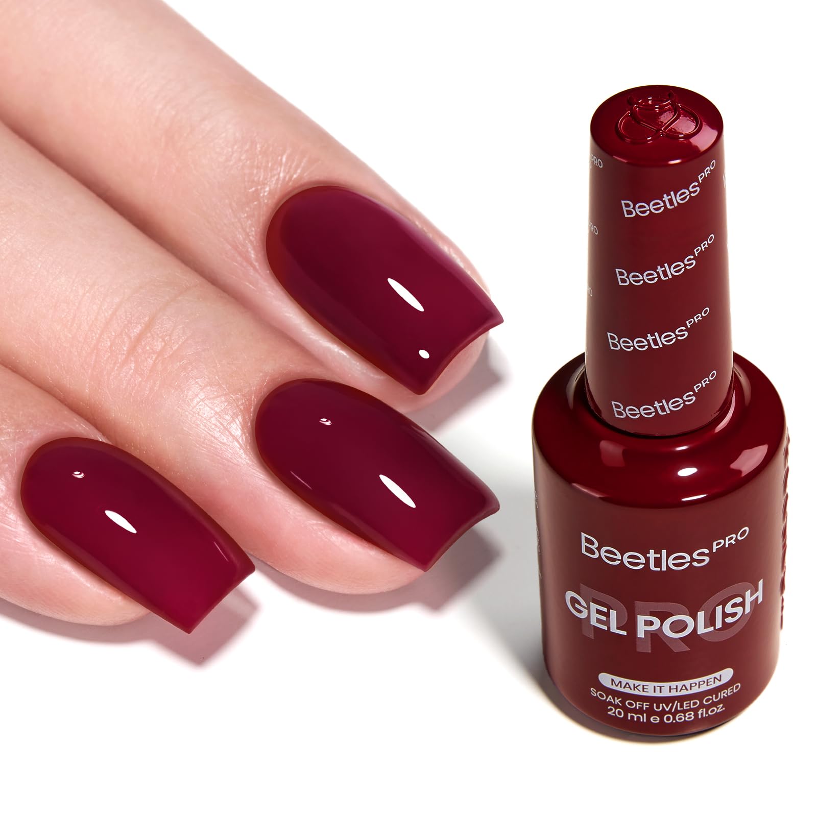 Beetles Pro Make It Happen bottle with burgundy shade for smooth, full-coverage nails.
