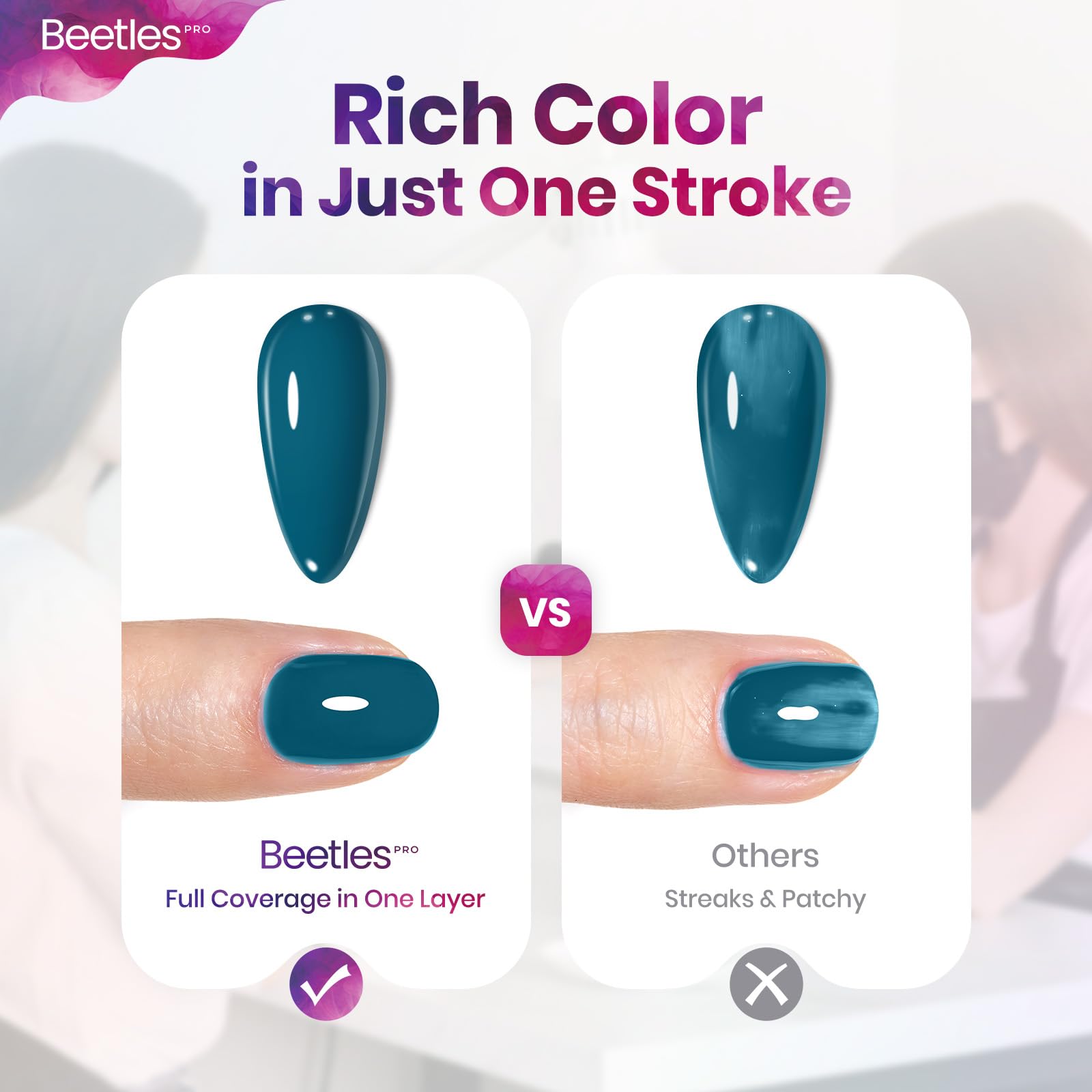 Beetles Pro bottle demonstrating self-leveling formula and easy application.