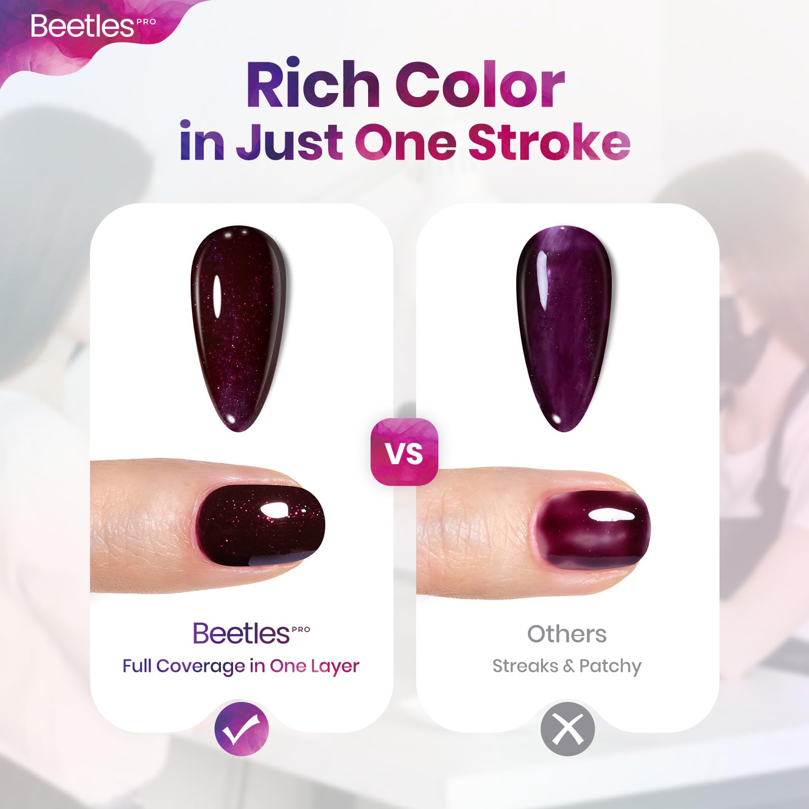 Beetles Pro Self-leveling gel polish demonstration on nail.