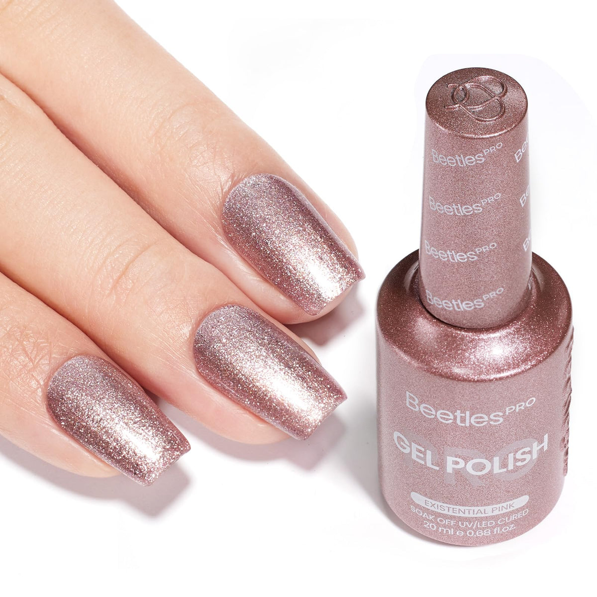 Beetles Pro Shimmer Existential Pink bottle with rich color for salon nails.