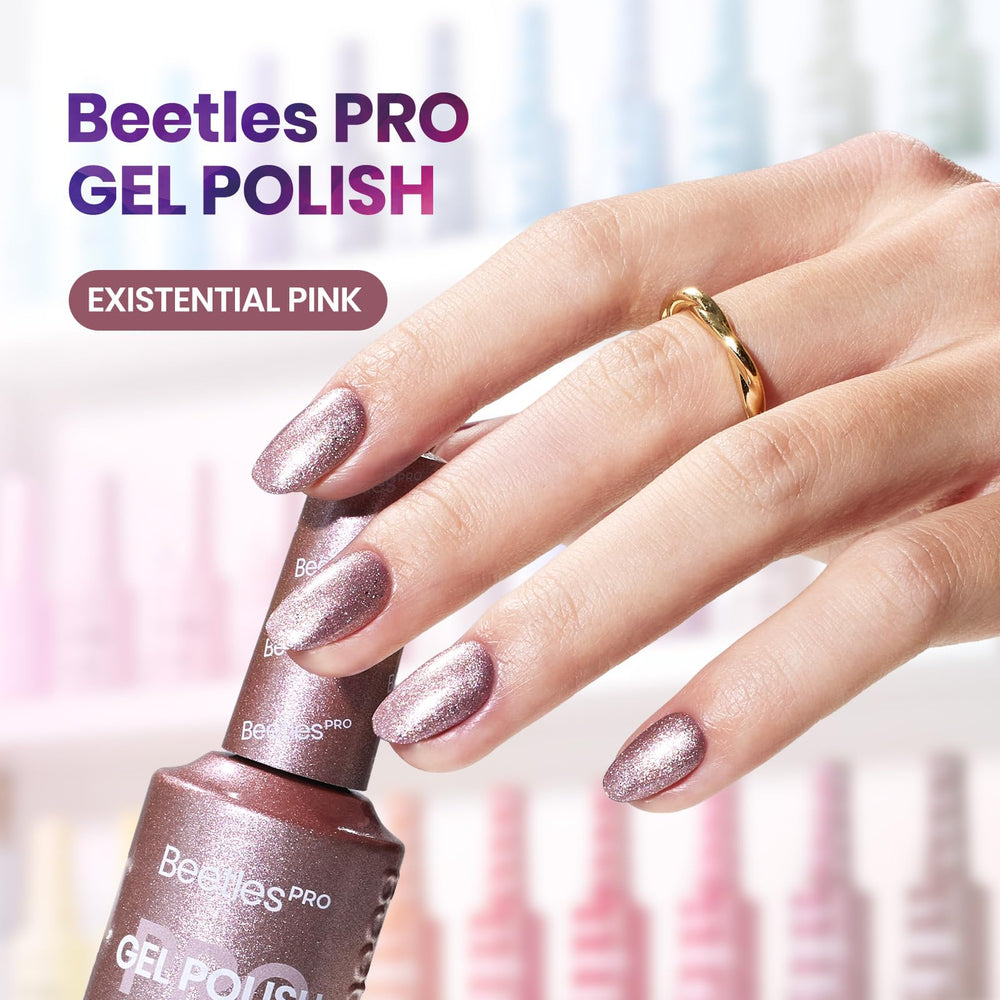 Beetles Pro Shimmer Existential Pink swatch reveals smooth, even pink finish.