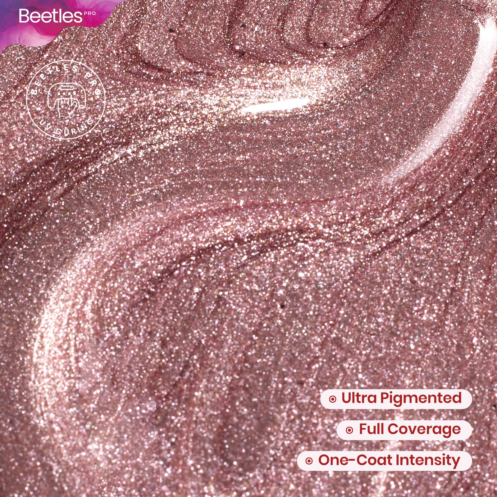 Beetles Pro Shimmer Rose Gold Glitter closeup highlights long-lasting sparkle.