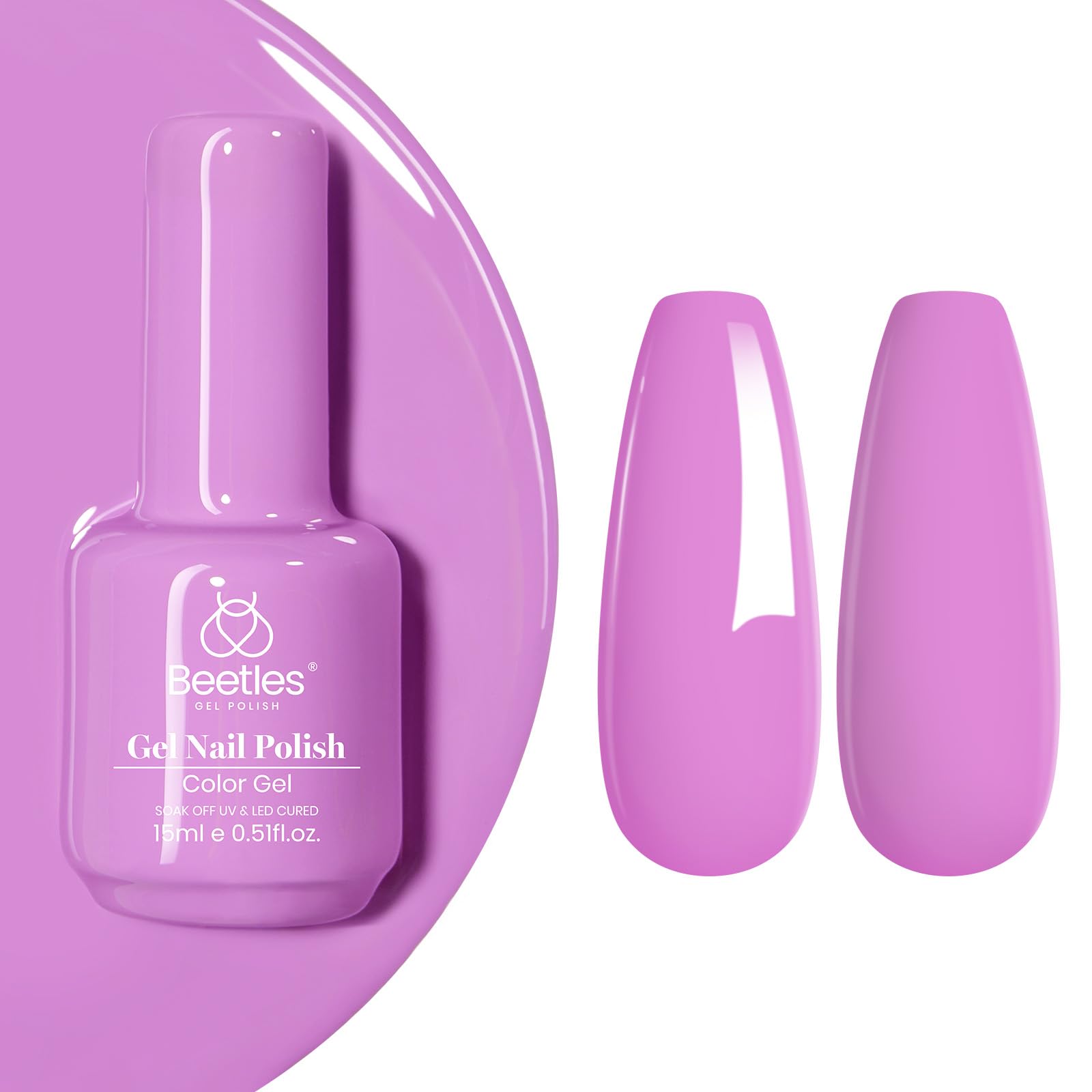 Beetles Purple Gel Nail Polish bottle shot shows pastel shade for long-lasting color.