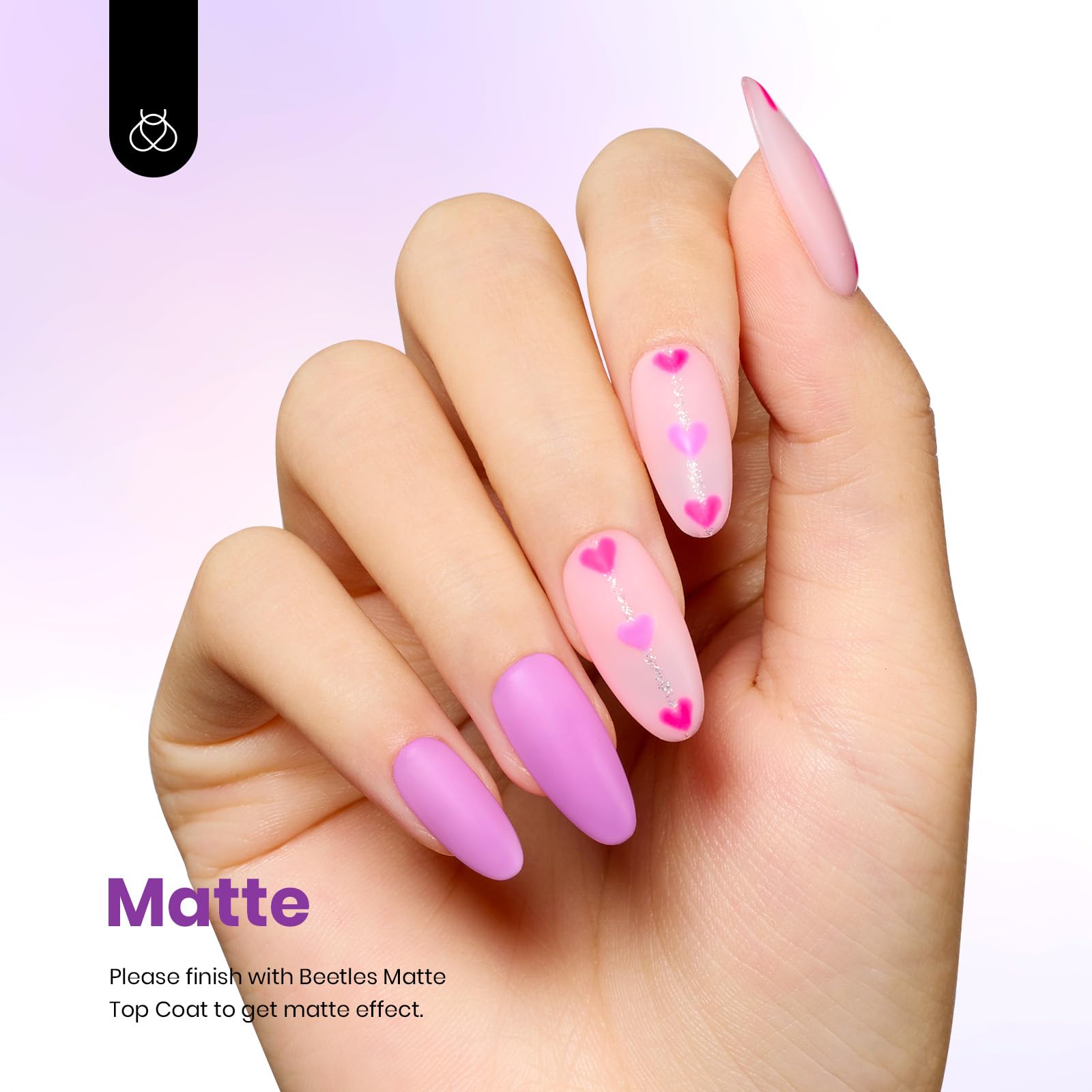 Beetles Purple Gel Nail Polish manicure on nails with soft purple tones.