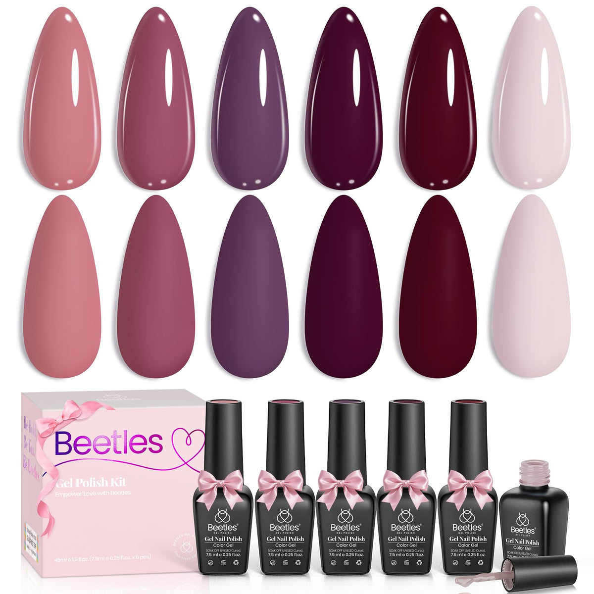 Beetles Purple Gel Polish Set with rose-petals theme for romantic autumn nails.