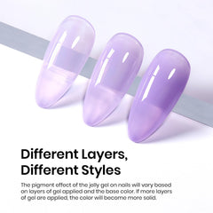 Beetles Purple Jelly Gel Polish bottle beside a glossy swatch delivering a high-shine finish.