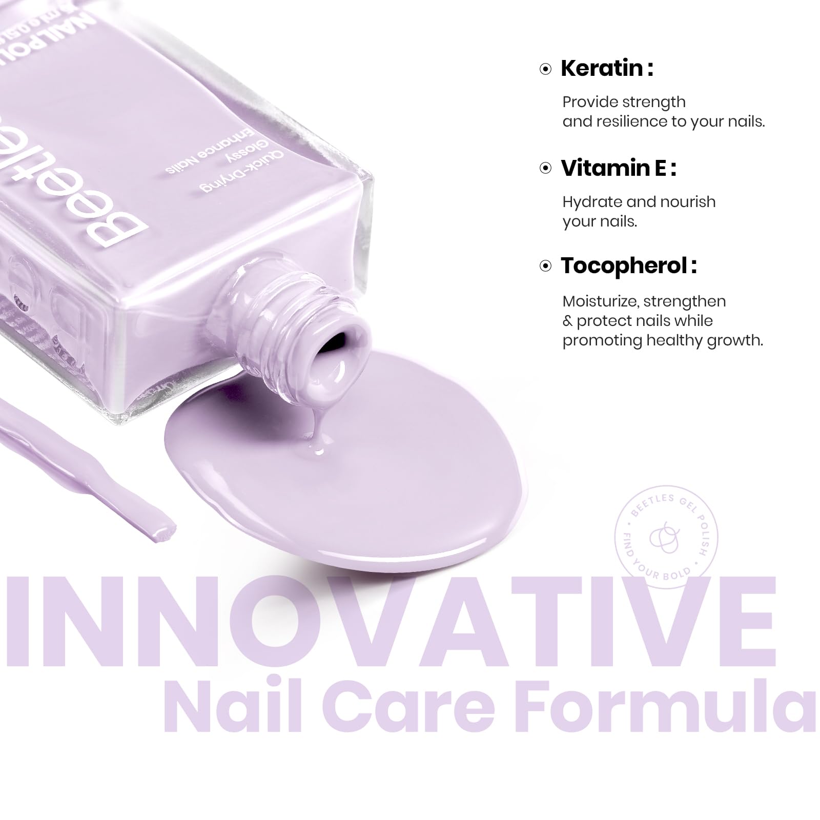 Beetles Purple Nail Polish bottle side profile, quick-drying salon-like finish.