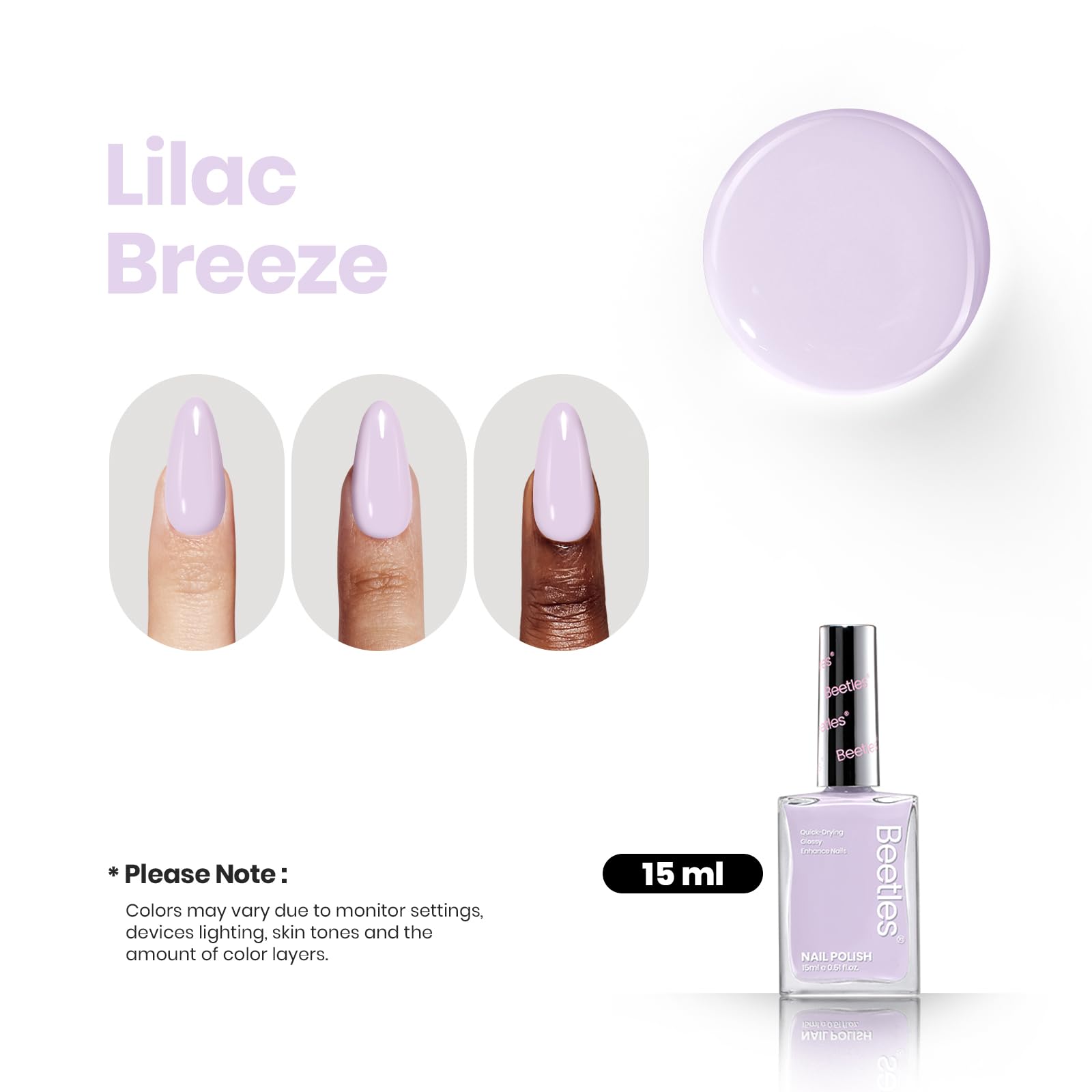 Beetles Purple Nail Polish swatch lilac, vibrant color with high-gloss look.