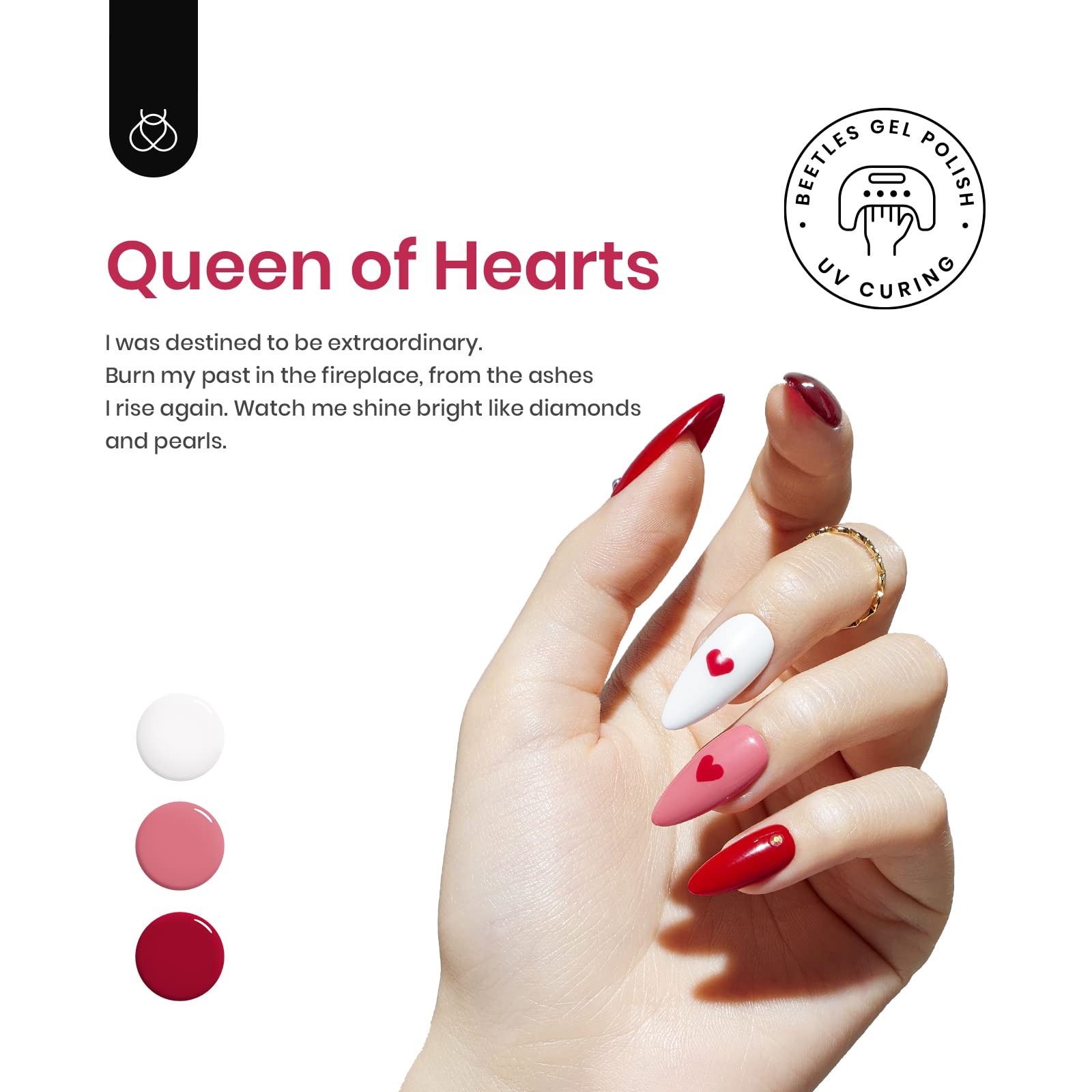 Beetles Queen of Hearts red glitter gel polish adds sparkle.