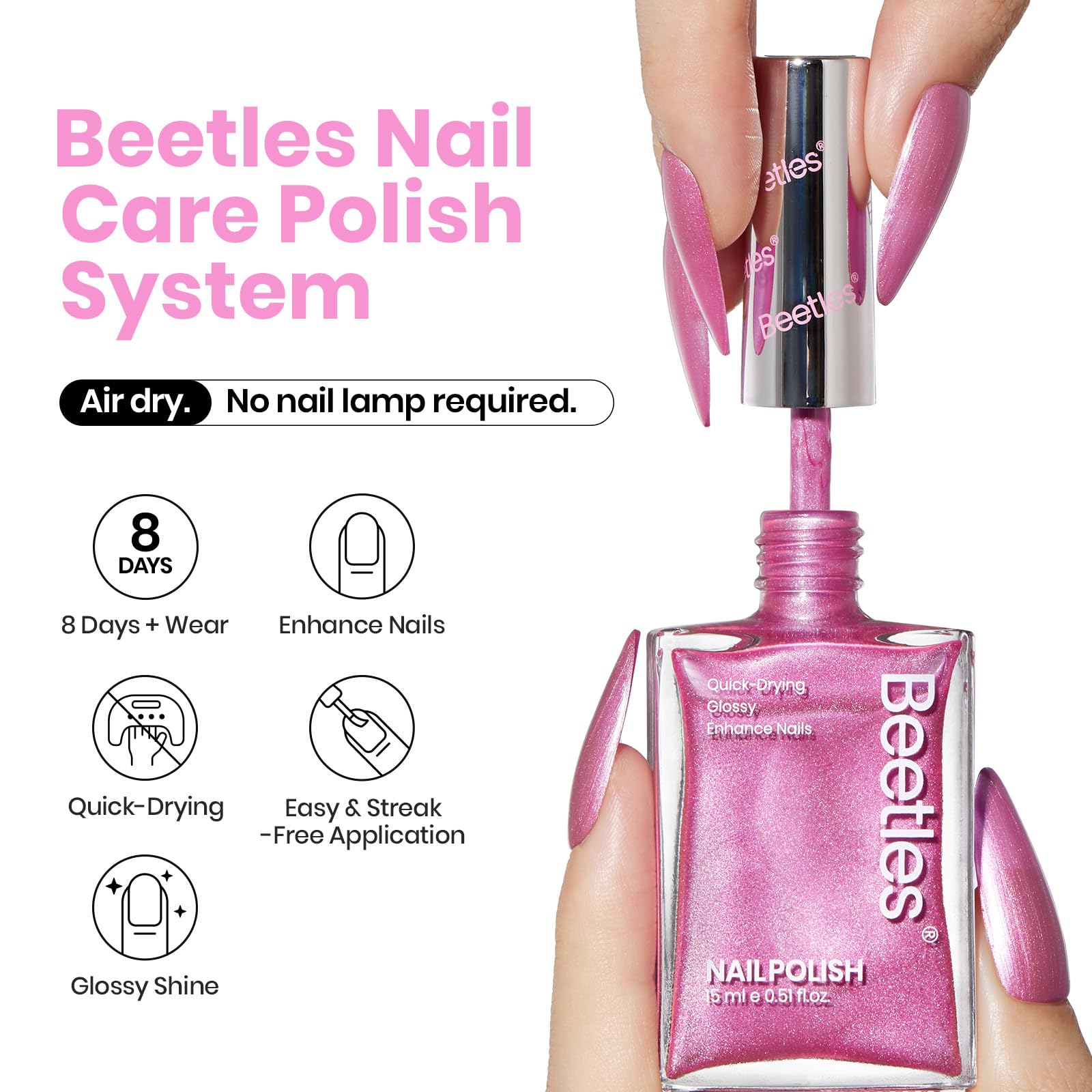 Beetles quick-dry Sakura Pink Nail Art finish dries fast at home.