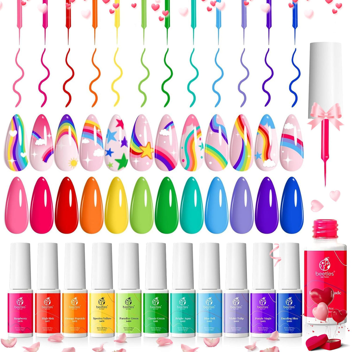 Beetles Rainbow Gel Liner Set swatches show 12 neon colors for bold nail art.