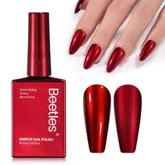 Beetles Red Chrome Nail Polish bottle close-up showing a vibrant cherry mirror finish.