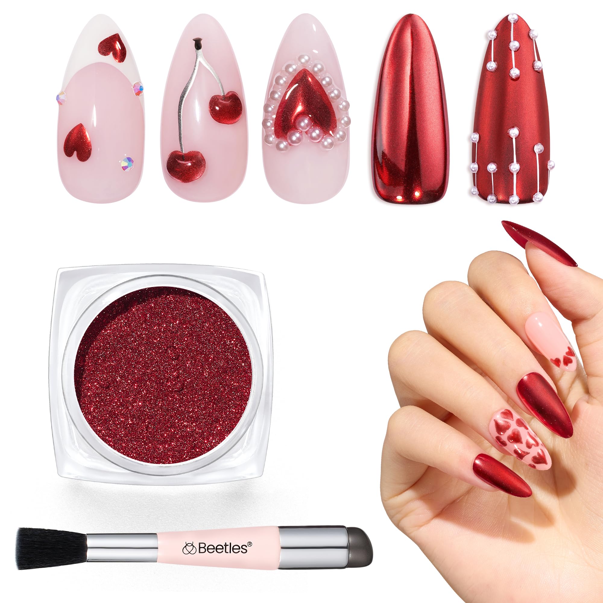 Beetles Red Chrome Nail Powder creates mermaid glitter on nails for striking art.
