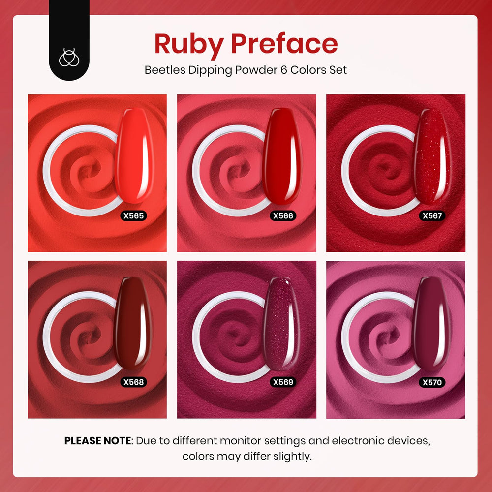 Beetles Red Dip Powder Kit colors displays six glitter shades for DIY manicure variety.