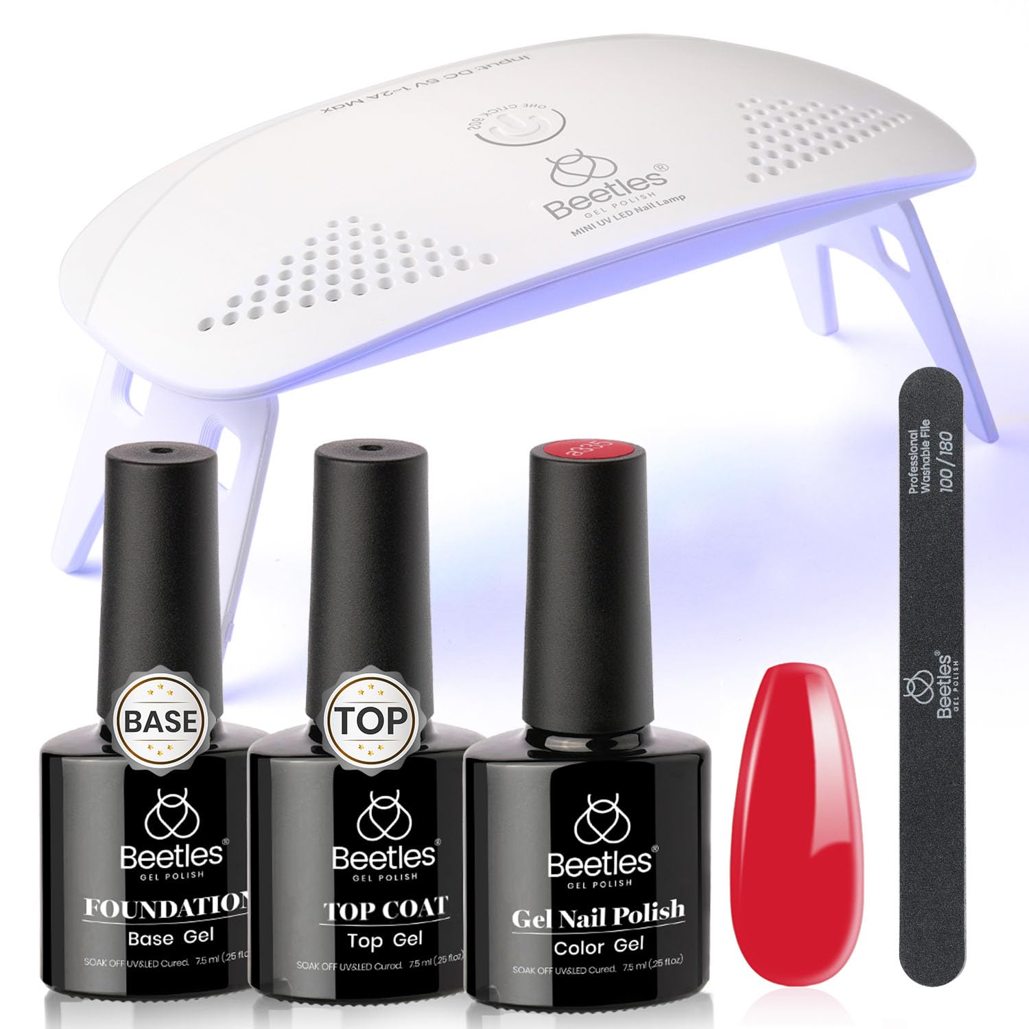 Beetles red gel nail polish kit with LED lamp for salon-quality at home manicure.