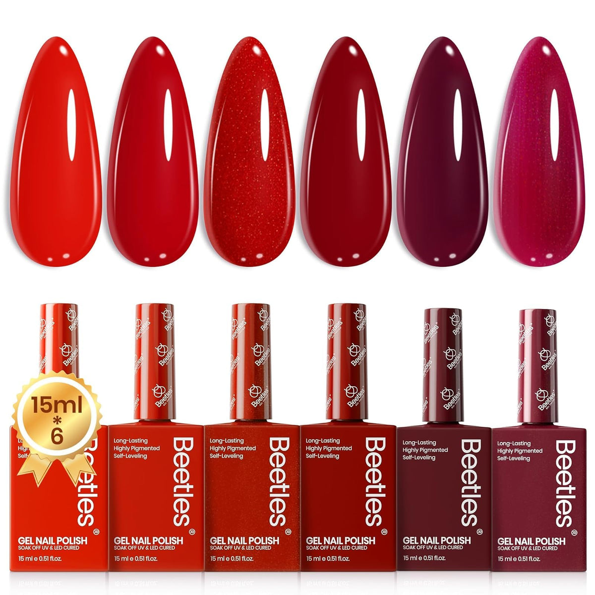 Beetles red gel nail polish set with six colors for salon-quality manicure.