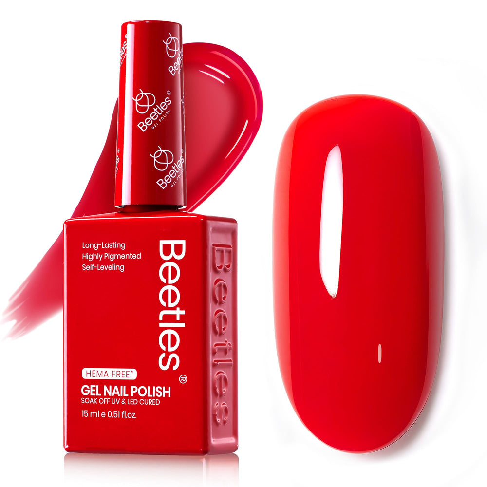 Beetles Red Gel Nail Polish Na677 shade reference within a color bottle.