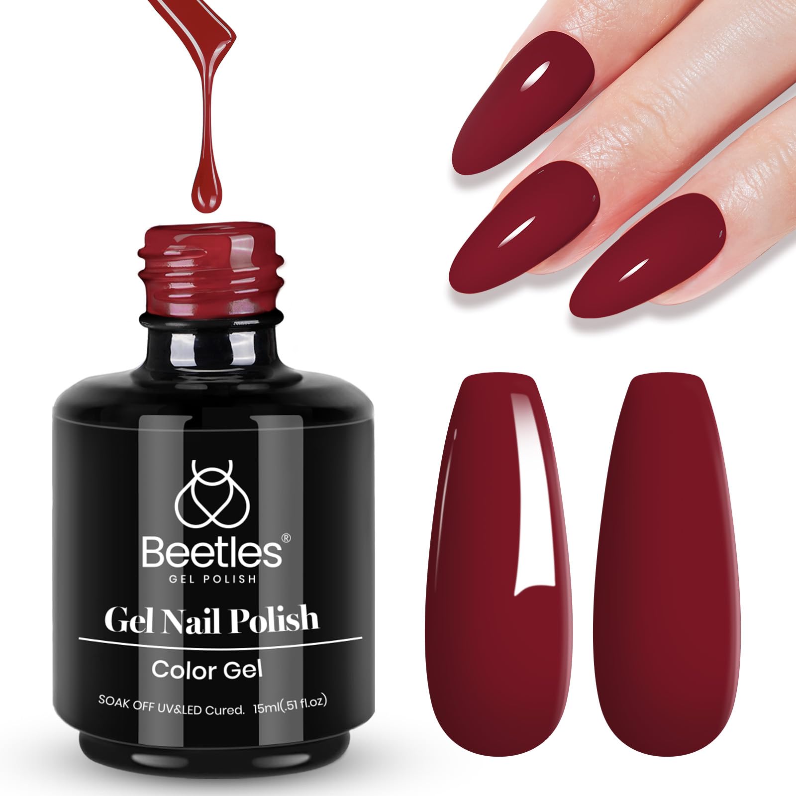 Beetles Red Gel Polish bottle front showing burgundy shade for chic nails.