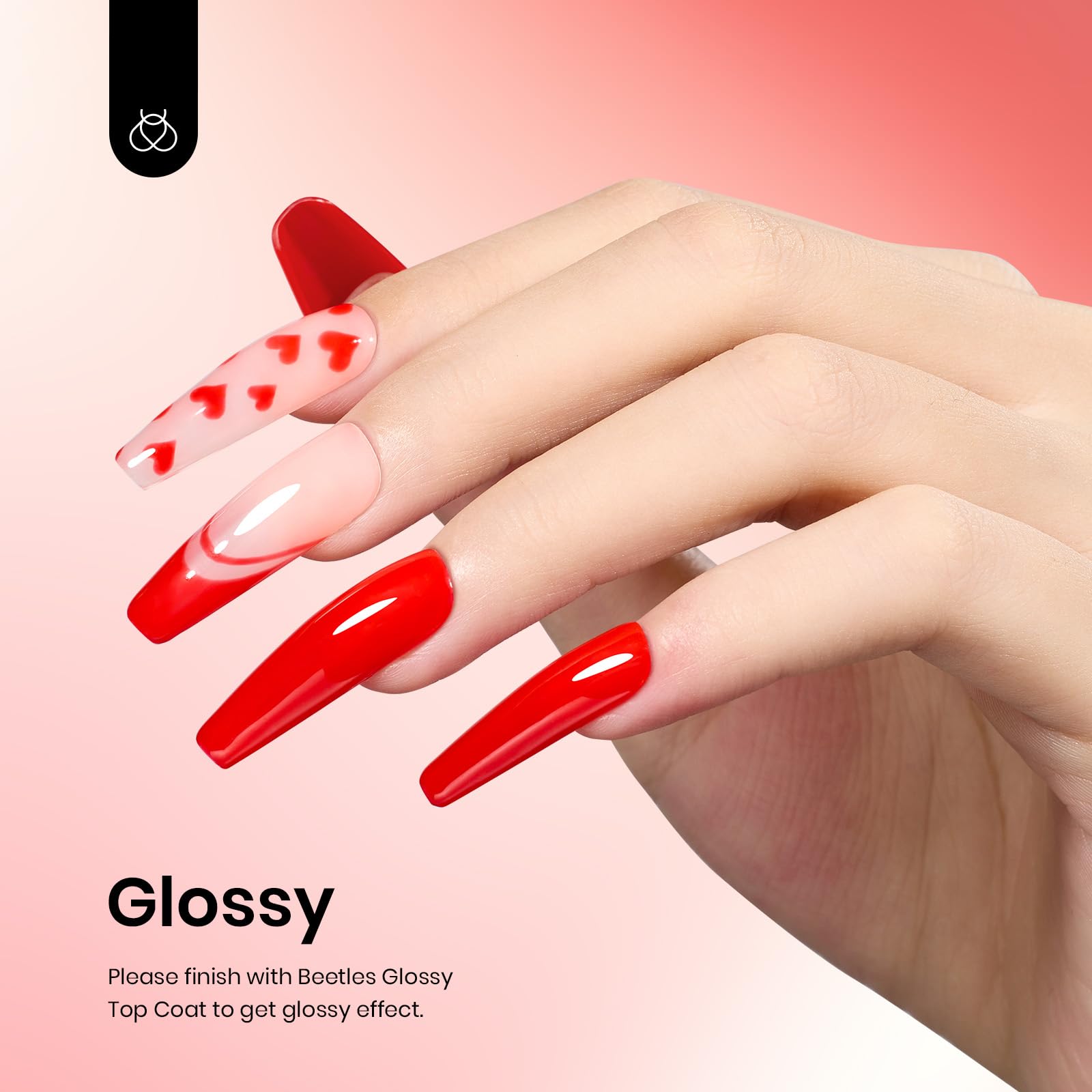 Beetles Red Gel Polish swatch on nail with rich color payoff.