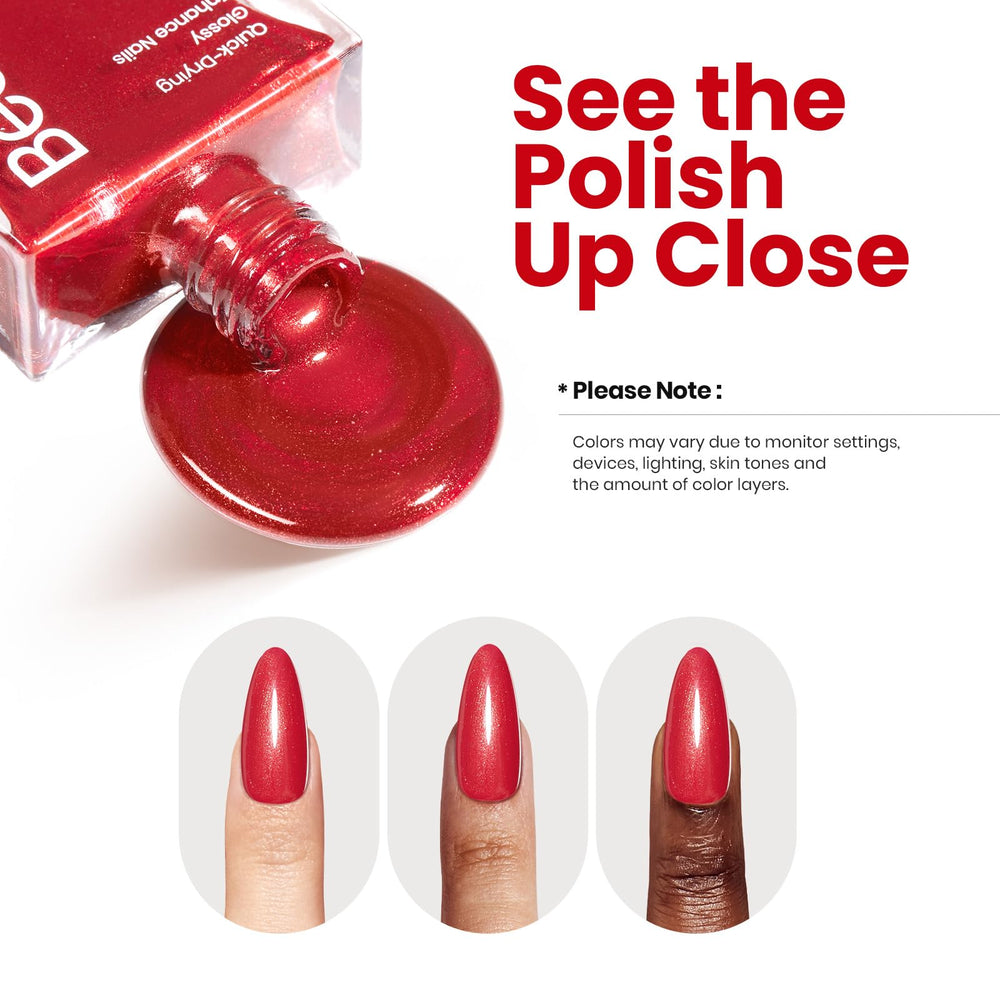 Beetles Red Nail Polish detailed glitter particles capture festive shine.