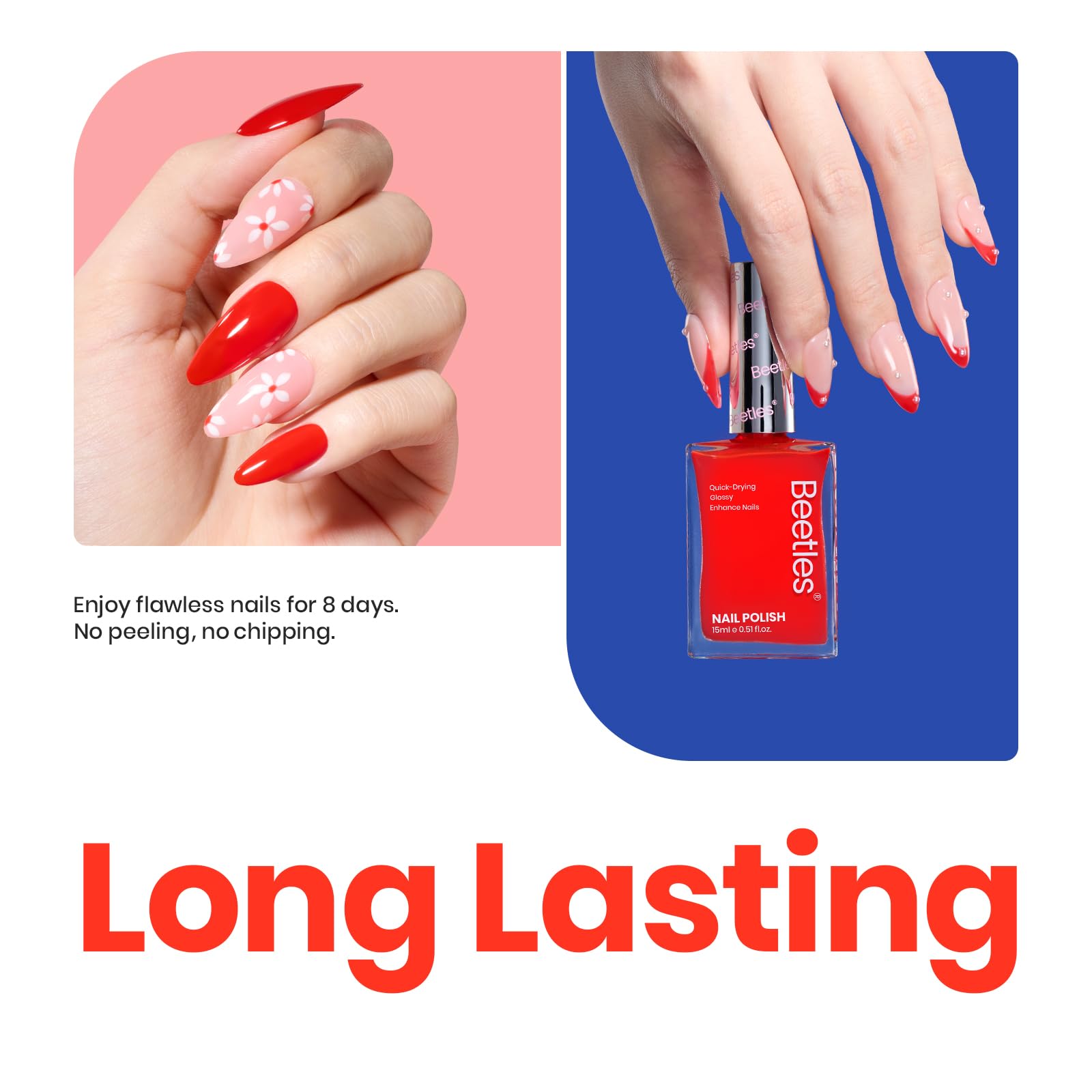 Beetles Red Nail Polish easy removal with regular nail remover.