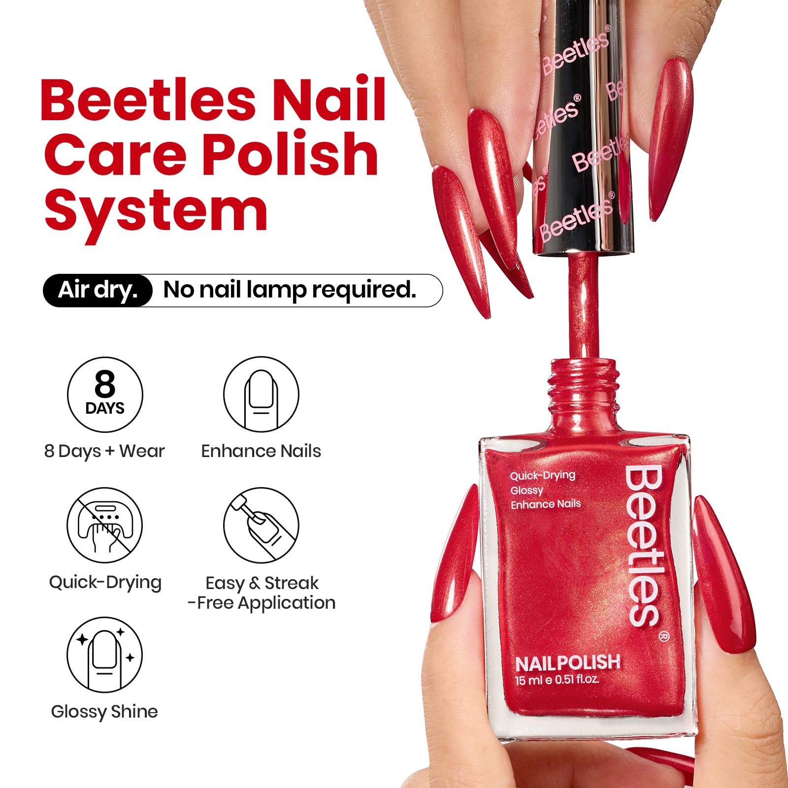 Beetles Red Nail Polish brush stroke demonstrates smooth, fast-drying glitter application.
