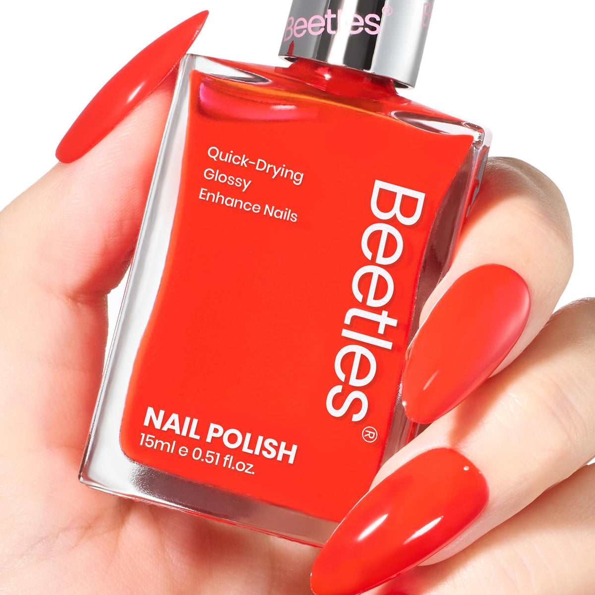 Beetles Red Nail Polish quick-dry finish for fast at-home manicures.