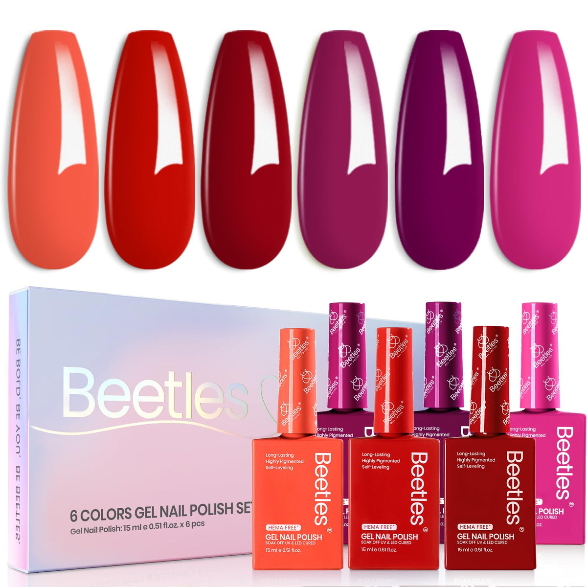 Beetles red pink gel polish set bottle display showing vibrant color for long-lasting manicures.