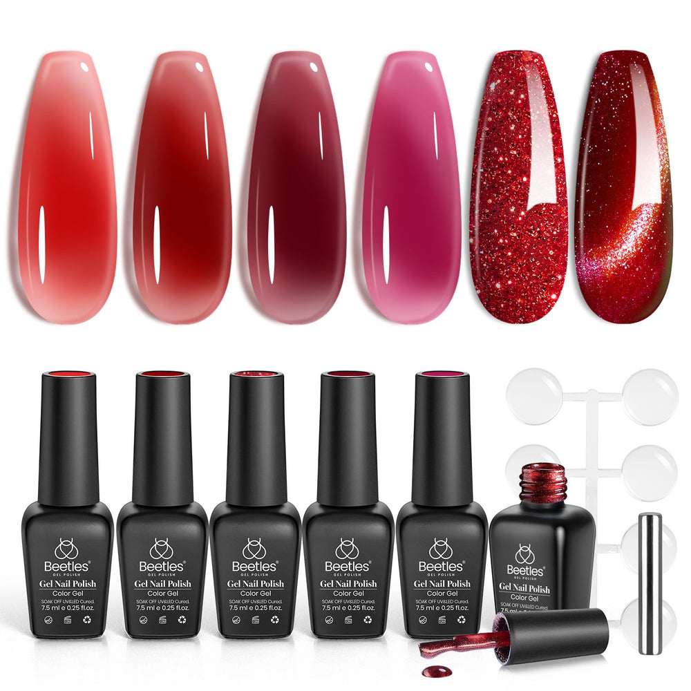 Beetles Red Revival bottle pour shows rich gel texture for quick shade preview.