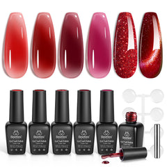 Beetles Red Revival bottle pour shows rich gel texture for quick shade preview.