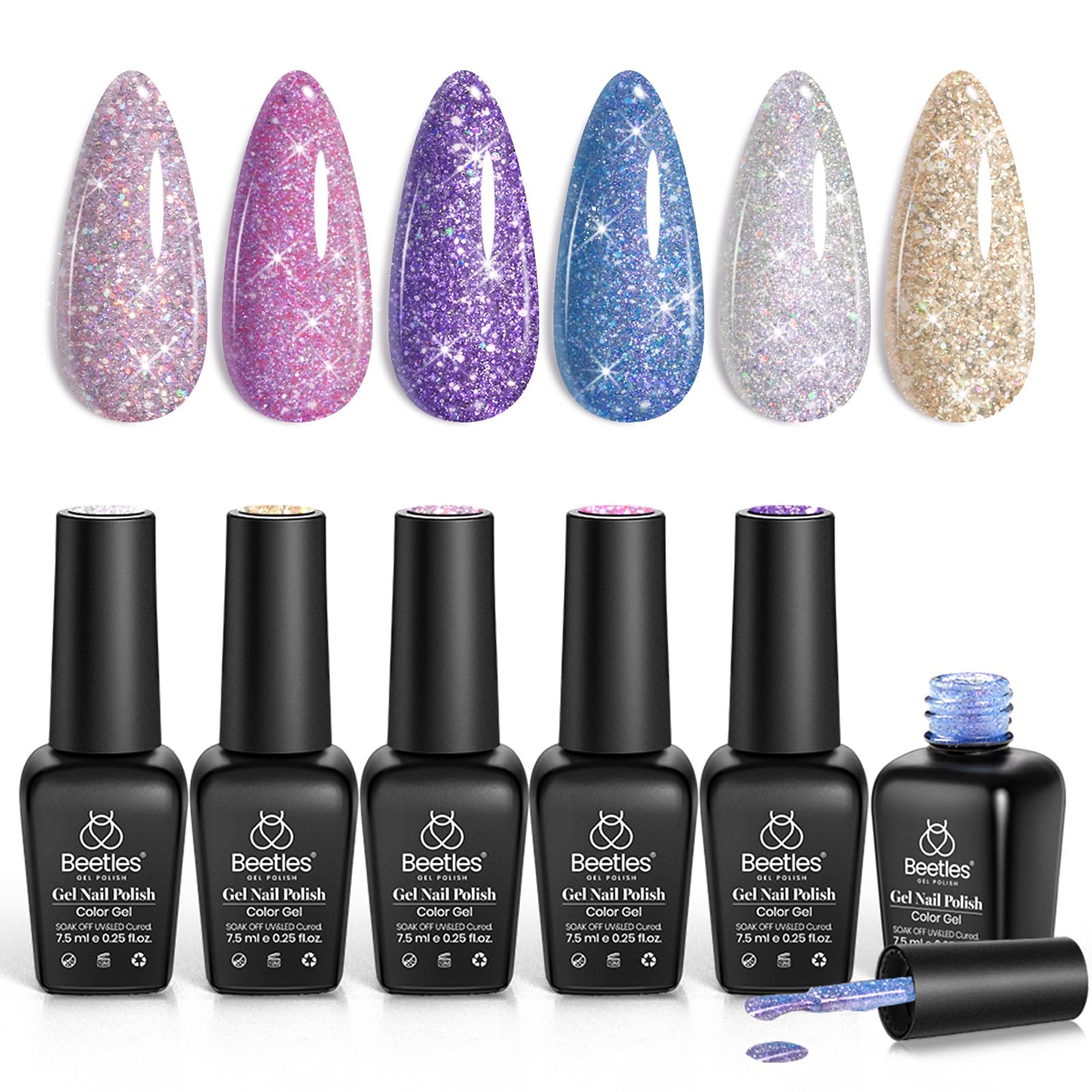 Beetles Reflective Glitter Gel Polish kit swatches with holographic shine for festive at-home manicures.