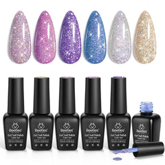Beetles Reflective Glitter Gel Polish kit swatches with holographic shine for festive at-home manicures.