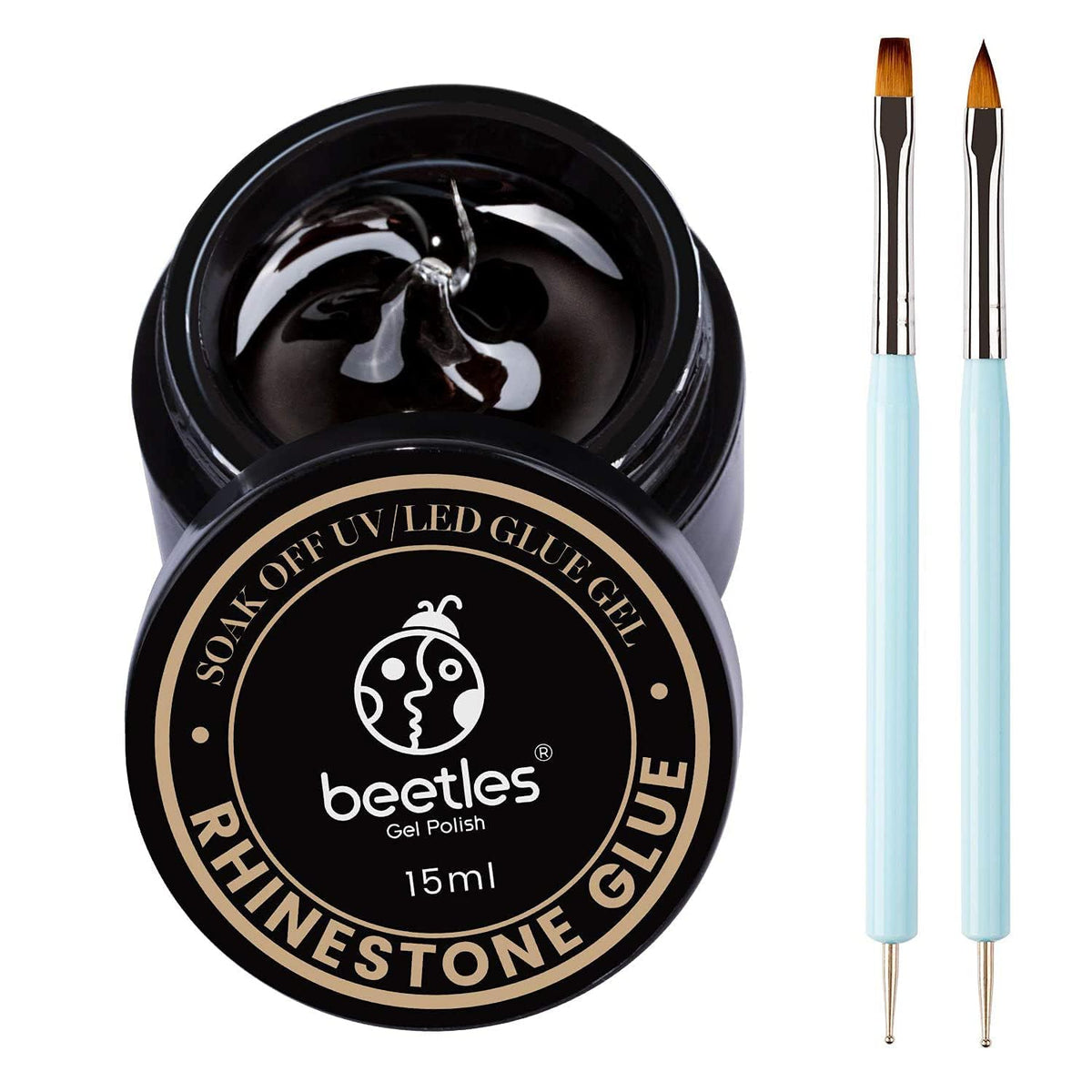 Beetles Rhinestone Glue front view showing the 15ml jar and packaging.