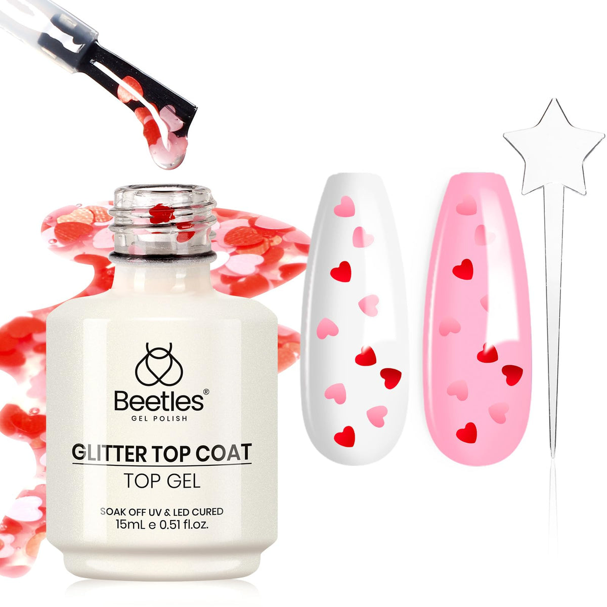 Beetles Romantic Heart Glitter Top Coat adds pink and red sparkle with lasting shine